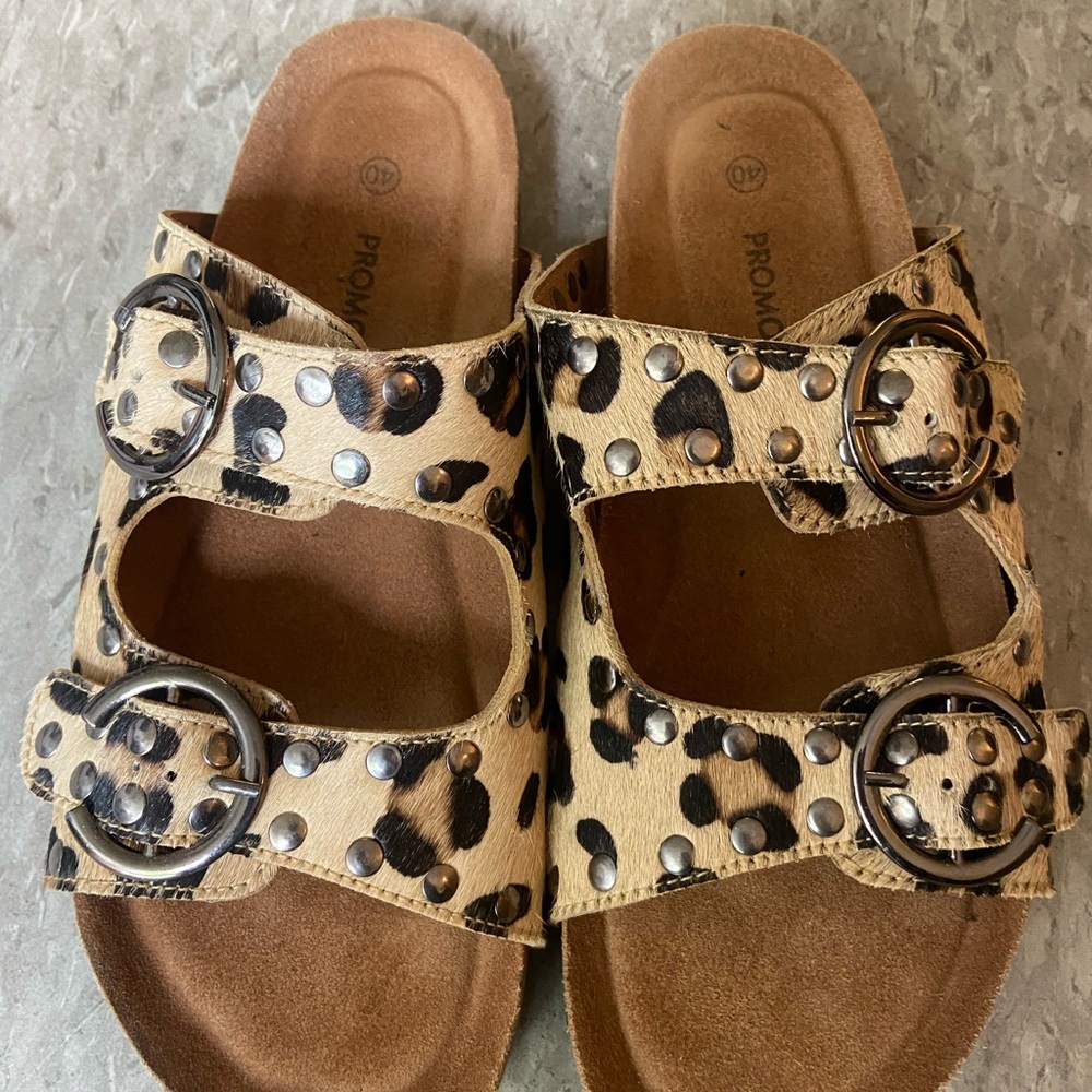 Promod Leopard Print Double Buckle Sandals - Black and Tan